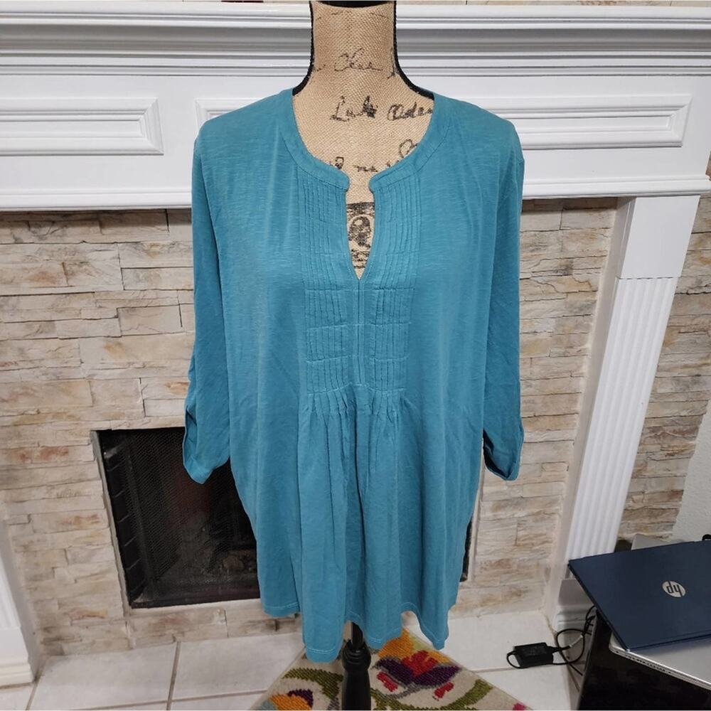Talbots teal pintucked 3/4 sleeve tunic 100% cotton plus size 3X
